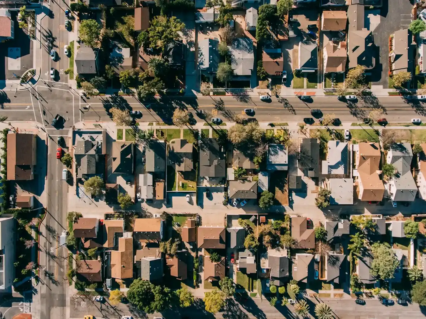 Newer neighborhood with young street trees and palms in Eastvale, CA